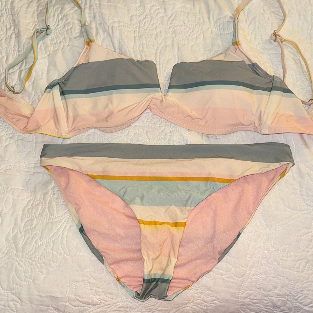 Heat Pink and Gray Striped Bikini Set